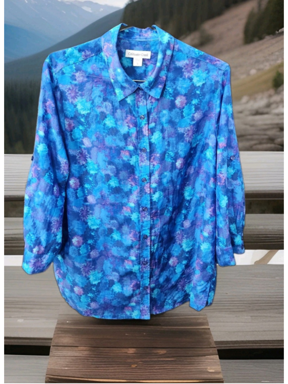 Coldwater Creek Silk Blend Blouse Large 3/4 Sleeve Button Down Abstract Floral